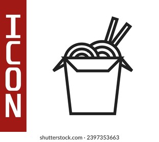 Black line Asian noodles in paper box and chopsticks icon isolated on white background. Street fast food. Korean, Japanese, Chinese food.  Vector Illustration