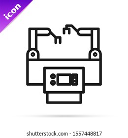 Black line Assembly line icon isolated on white background. Automatic production conveyor. Robotic industry concept.  Vector Illustration