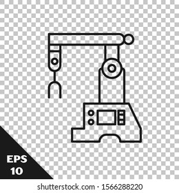Black line Assembly line icon isolated on transparent background. Automatic production conveyor. Robotic industry concept.  Vector Illustration