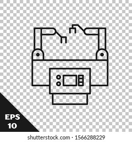 Black line Assembly line icon isolated on transparent background. Automatic production conveyor. Robotic industry concept.  Vector Illustration