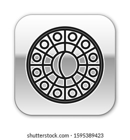 Black line Astrology horoscope circle with zodiac icon isolated on white background. Silver square button. Vector Illustration