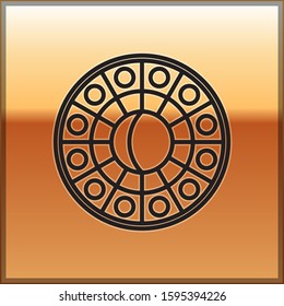 Black line Astrology horoscope circle with zodiac icon isolated on gold background.  Vector Illustration