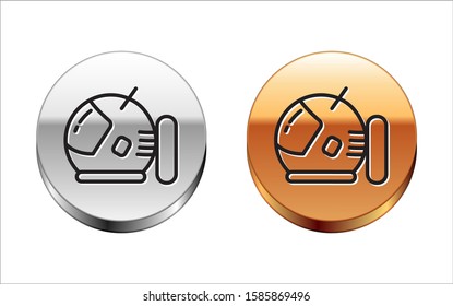 Black line Astronaut helmet icon isolated on white background. Silver-gold circle button. Vector Illustration