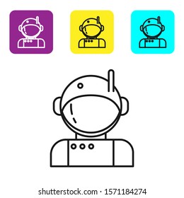 Black line Astronaut icon isolated on white background. Set icons colorful square buttons. Vector Illustration