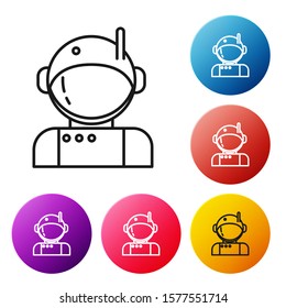 Black line Astronaut icon isolated on white background. Set icons colorful circle buttons. Vector Illustration