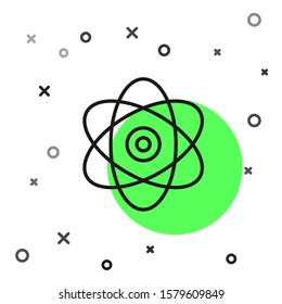 Black line Atom icon isolated on white background. Symbol of science, education, nuclear physics, scientific research. Electrons and protons sign.  Vector Illustration