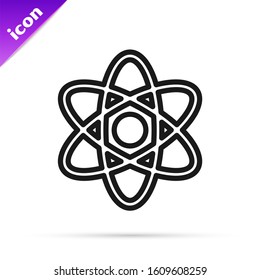 Black line Atom icon isolated on white background. Symbol of science, education, nuclear physics, scientific research.  Vector Illustration