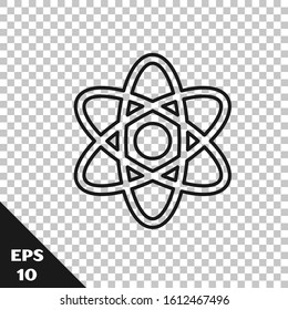 Black line Atom icon isolated on transparent background. Symbol of science, education, nuclear physics, scientific research.  Vector Illustration