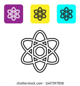 Black line Atom icon isolated on white background. Symbol of science, education, nuclear physics, scientific research. Set icons colorful square buttons. Vector Illustration
