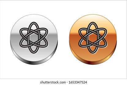 Black line Atom icon isolated on white background. Symbol of science, education, nuclear physics, scientific research. Silver-gold circle button. Vector Illustration