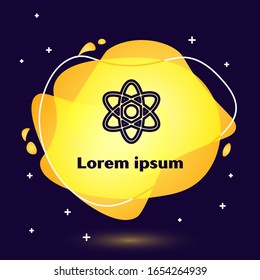 Black line Atom icon isolated on blue background. Symbol of science, education, nuclear physics, scientific research. Abstract banner with liquid shapes. Vector Illustration