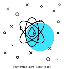 Icono Atom de línea negra aislado en fondo blanco. Símbolo de ciencia, educación, física nuclear, investigación científica. Formas dinámicas aleatorias. Ilustración vectorial