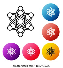 Black line Atom icon isolated on white background. Symbol of science, education, nuclear physics, scientific research. Set icons colorful circle buttons. Vector Illustration