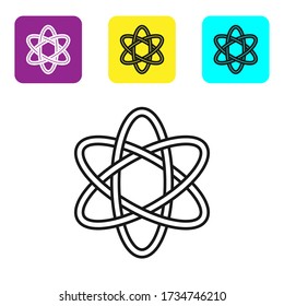 Black line Atom icon isolated on white background. Symbol of science, education, nuclear physics, scientific research. Set icons colorful square buttons. Vector Illustration