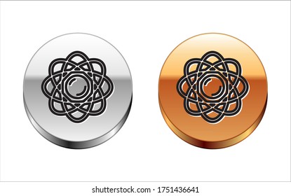 Black line Atom icon isolated on white background. Symbol of science, education, nuclear physics, scientific research. Silver-gold circle button. Vector