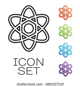 Black line Atom icon isolated on white background. Symbol of science, education, nuclear physics, scientific research. Set icons colorful. Vector Illustration