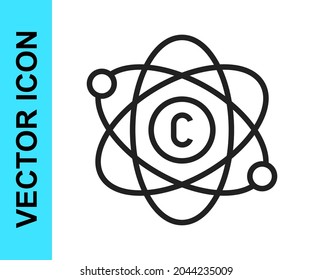 Icono de átomo de línea negra aislado en fondo blanco. Símbolo de ciencia, educación, física nuclear, investigación científica.  Vector