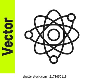 Black line Atom icon isolated on white background. Symbol of science, education, nuclear physics, scientific research.  Vector