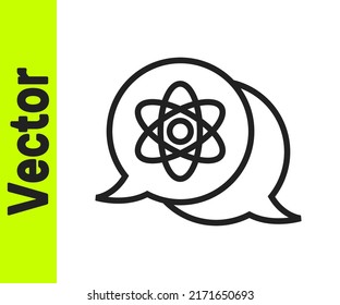Icono de átomo de línea negra aislado en fondo blanco. Símbolo de ciencia, educación, física nuclear, investigación científica.  Vector