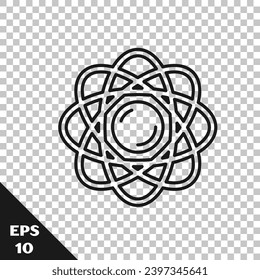 Black line Atom icon isolated on transparent background. Symbol of science, education, nuclear physics, scientific research.  Vector