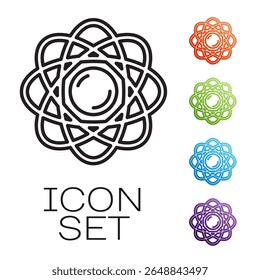 Black line Atom icon isolated on white background. Symbol of science, education, nuclear physics, scientific research. Set icons colorful. Vector