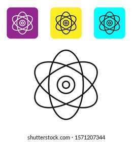 Black line Atom icon on white background. Symbol of science, education, nuclear physics, scientific research. Electrons and protons sign. Set icons colorful square buttons. Vector Illustration