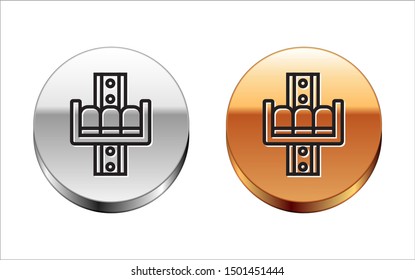Black line Attraction carousel icon isolated on white background. Amusement park. Childrens entertainment playground, recreation park. Silver-gold circle button. Vector Illustration