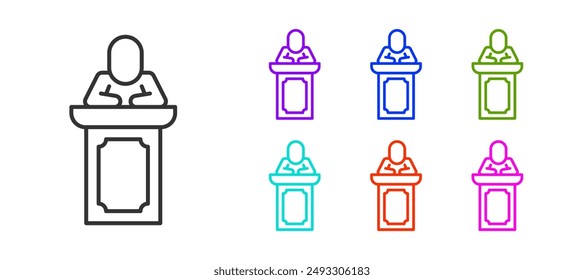 Black line Auction auctioneer sells icon isolated on white background. Auction business, bid and sale. Set icons colorful. Vector