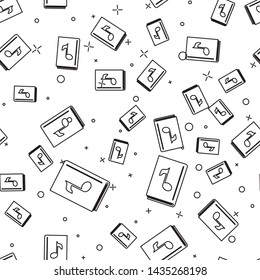 Black line Audio book icon isolated seamless pattern on white background. Musical note with book. Audio guide sign. Online learning concept.  Vector Illustration