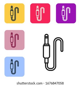 Icono de conector de audio de línea negra aislado en fondo blanco. Cable de audio para equipos de sonido de conexión. Cable de enchufe. Instrumento musical. Establecer iconos en botones cuadrados de color.  Ilustración vectorial