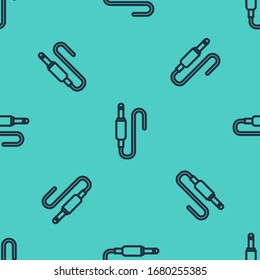 Black line Audio jack icon isolated seamless pattern on green background. Audio cable for connection sound equipment. Plug wire. Musical instrument.  Vector Illustration