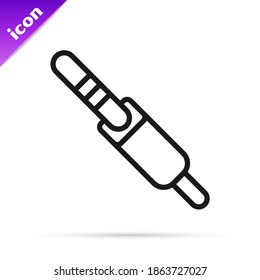 Schwarze Linie, Symbol für Audiobuchskarte einzeln auf weißem Hintergrund. Audiokabel für die Soundausrüstung zum Anschluss. Steckkabel. Musikinstrument.  Vektorgrafik