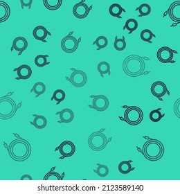 Black line Audio jack icon isolated seamless pattern on green background. Audio cable for connection sound equipment. Plug wire. Musical instrument.  Vector