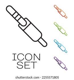 Icono de jack de audio de línea negra aislado en fondo blanco. Cable de audio para equipos de sonido de conexión. Cable de enchufe. Instrumento musical. Indique los iconos en colores. Vector