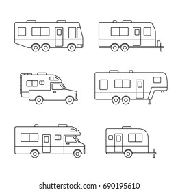 Black line auto RVs, Camper cars / Camping vans, Truck Trailers, recreational types vehicles icons, simple flat design for app, ui, ux, web, button, interface elements isolated on white background