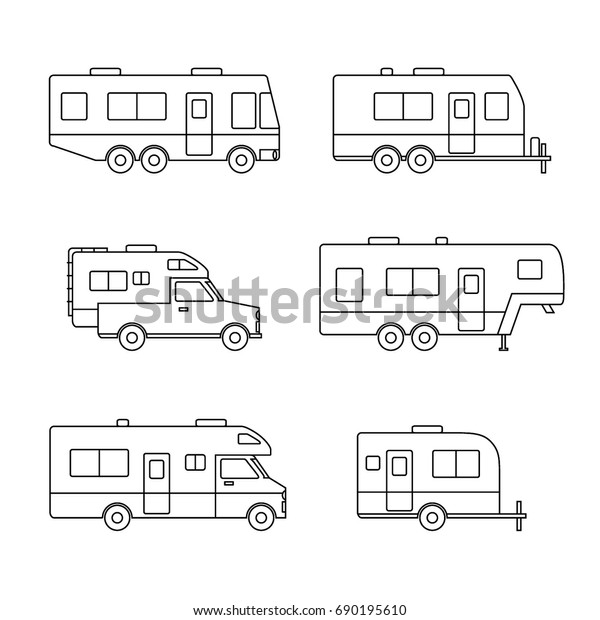 Black line auto RVs, Camper cars / Camping\
vans, Truck Trailers, recreational types vehicles icons, simple\
flat design for app, ui, ux, web, button, interface elements\
isolated on white\
background
