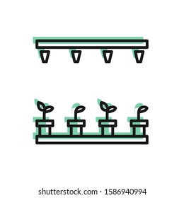 Black line Automatic irrigation sprinklers icon isolated on white background. Watering equipment. Garden element. Spray gun icon.  Vector Illustration