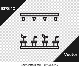 Black line Automatic irrigation sprinklers icon isolated on transparent background. Watering equipment. Garden element. Spray gun icon.  Vector Illustration