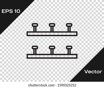 Black line Automatic irrigation sprinklers icon isolated on transparent background. Watering equipment. Garden element. Spray gun icon.  Vector Illustration
