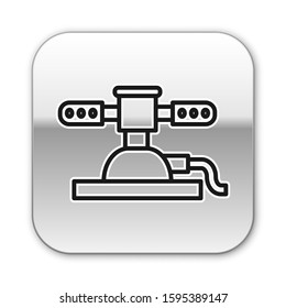 Black line Automatic irrigation sprinklers icon isolated on white background. Watering equipment. Garden element. Spray gun icon. Silver square button. Vector Illustration