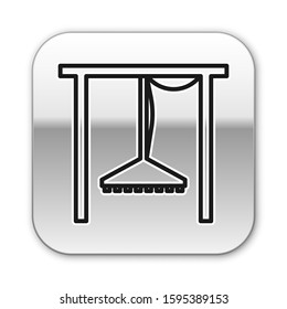 Black line Automatic irrigation sprinklers icon isolated on white background. Watering equipment. Garden element. Spray gun icon. Silver square button. Vector Illustration