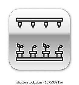 Black line Automatic irrigation sprinklers icon isolated on white background. Watering equipment. Garden element. Spray gun icon. Silver square button. Vector Illustration