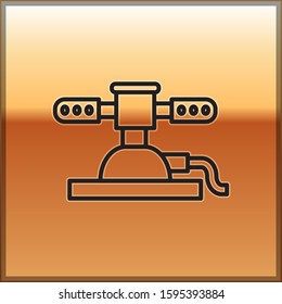 Black line Automatic irrigation sprinklers icon isolated on gold background. Watering equipment. Garden element. Spray gun icon.  Vector Illustration