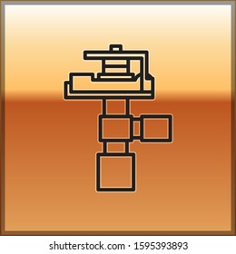 Black line Automatic irrigation sprinklers icon isolated on gold background. Watering equipment. Garden element. Spray gun icon.  Vector Illustration