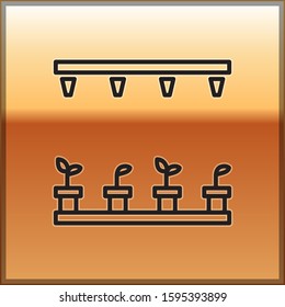 Black line Automatic irrigation sprinklers icon isolated on gold background. Watering equipment. Garden element. Spray gun icon.  Vector Illustration