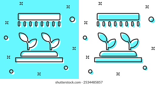 Línea negra Icono de rociadores de riego automático aislado en fondo verde y blanco. Equipo de riego. Elemento de jardín. Icono de pistola de pulverización. Formas dinámicas aleatorias. Vector