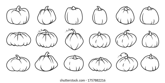 Black line Autumn pumpkin icon set. Contour template different shape gourd. Outline sign Thanksgiving and Halloween, season crop capacity. Linear style pictogram. Isolated on white vector illustration