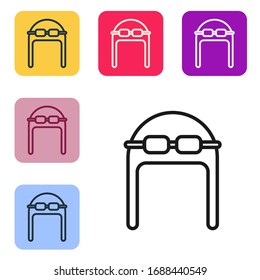 Black line Aviator hat with goggles icon isolated on white background. Pilot hat. Set icons in color square buttons. Vector Illustration