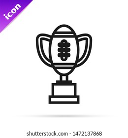 Black line Award cup and American football ball icon isolated on white background. Winner trophy symbol. Championship or competition trophy.  Vector Illustration