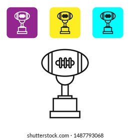 Black line Award cup and American football ball icon isolated on white background. Winner trophy symbol. Championship or competition trophy. Set icons colorful square buttons. Vector Illustration